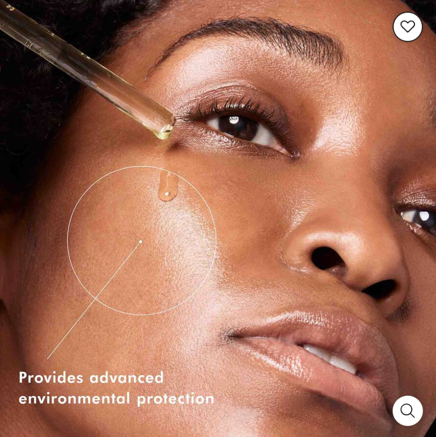 women putting serum on face with additional product callout